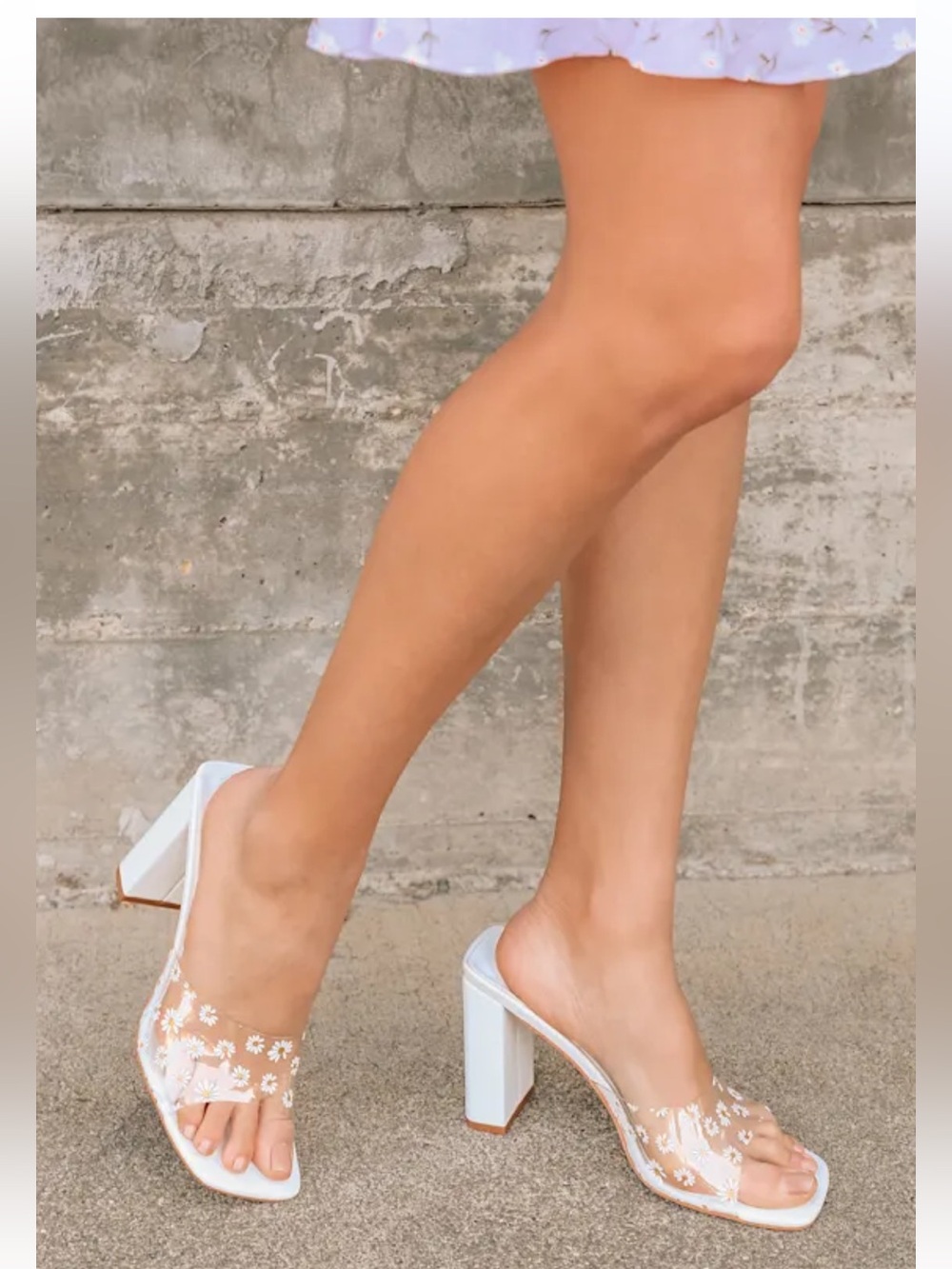 Lulu's White Floral Clear Strap Block Heel Mules